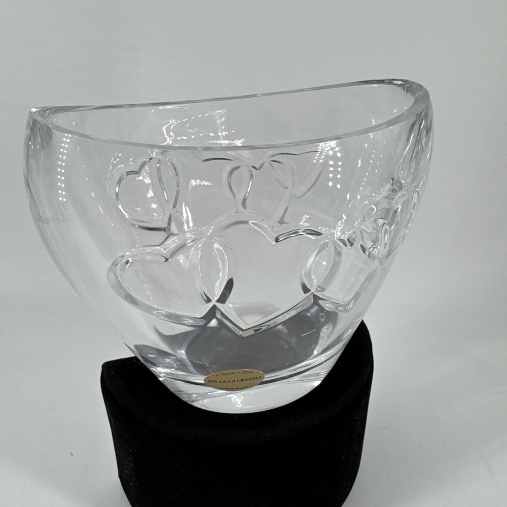 Vase with Entwined Hearts Made in France Lead Crystal Oval Heavy Glass Gift